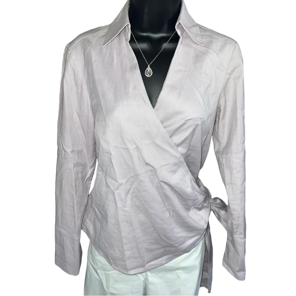 ANN TAYLOR Petite Cotton Blend Wrap Blouse Pin Stripe Purple Cotton, Size 4P